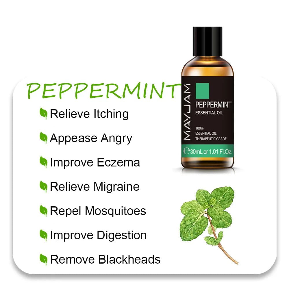 MAYJAM Essential Oils: 10ml, 30ml, 100ml for Humidifier Diffuser - Lavender, Jasmine, Eucalyptus, Ylang Ylang, Vanilla, Tea Tree Aroma Oil Peppermint Oil / 30ml / CHINA