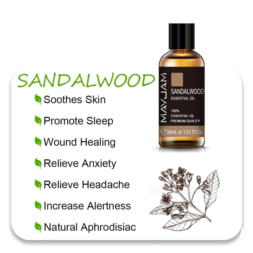 MAYJAM Essential Oils: 10ml, 30ml, 100ml for Humidifier Diffuser - Lavender, Jasmine, Eucalyptus, Ylang Ylang, Vanilla, Tea Tree Aroma Oil Sandalwood Oil / 30ml / CHINA