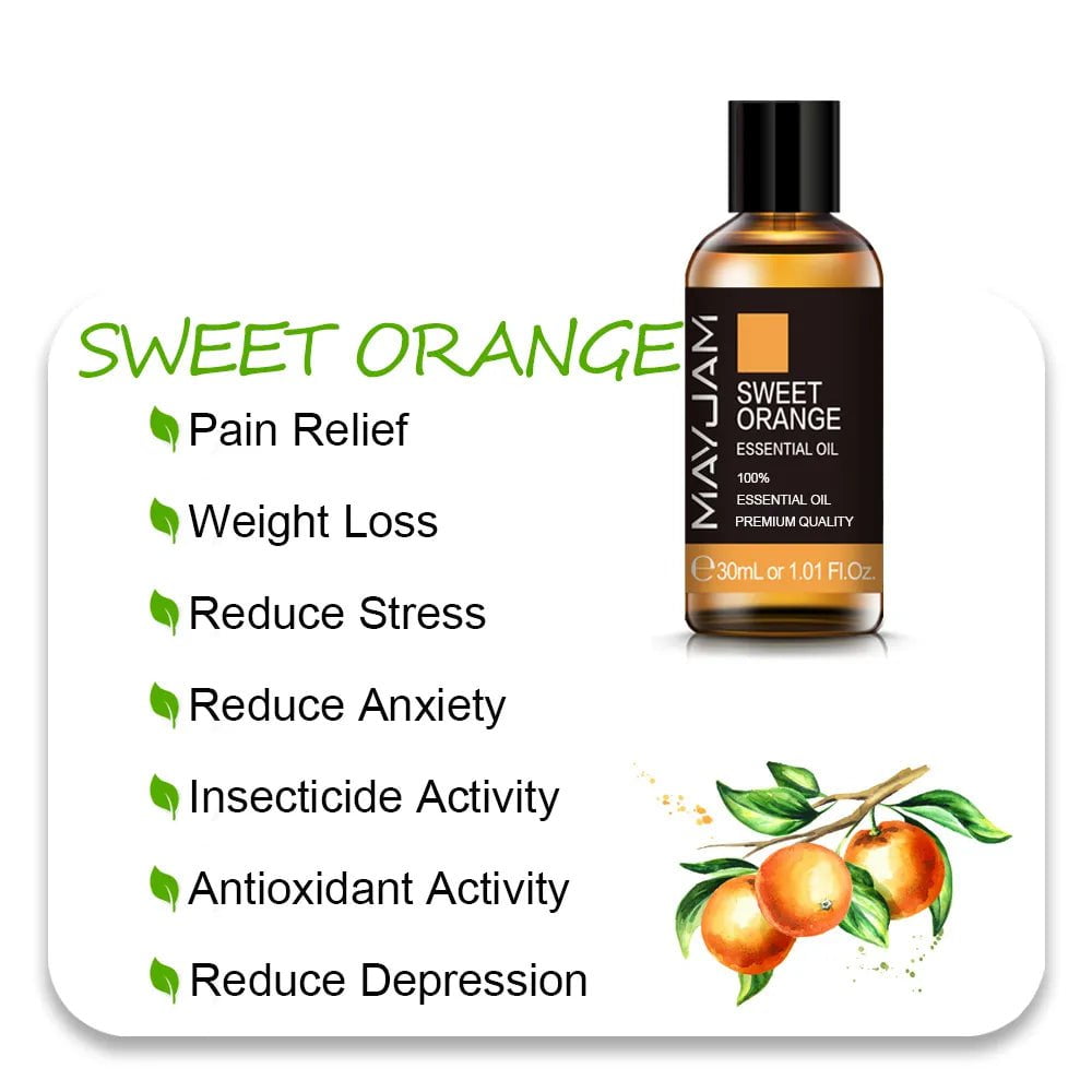 MAYJAM Essential Oils: 10ml, 30ml, 100ml for Humidifier Diffuser - Lavender, Jasmine, Eucalyptus, Ylang Ylang, Vanilla, Tea Tree Aroma Oil Sweet Orange Oil / 30ml / CHINA