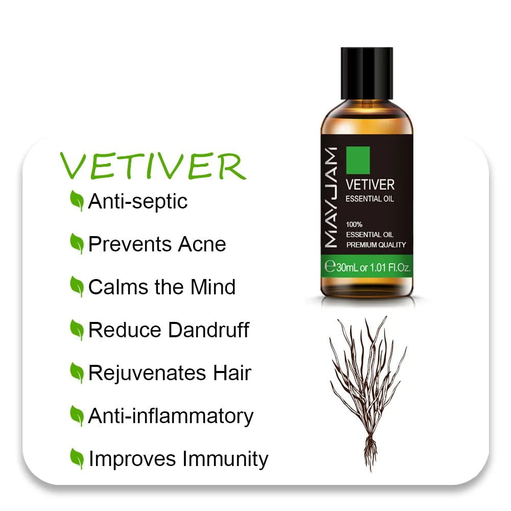MAYJAM Essential Oils: 10ml, 30ml, 100ml for Humidifier Diffuser - Lavender, Jasmine, Eucalyptus, Ylang Ylang, Vanilla, Tea Tree Aroma Oil Vetiver Oil / 30ml / CHINA