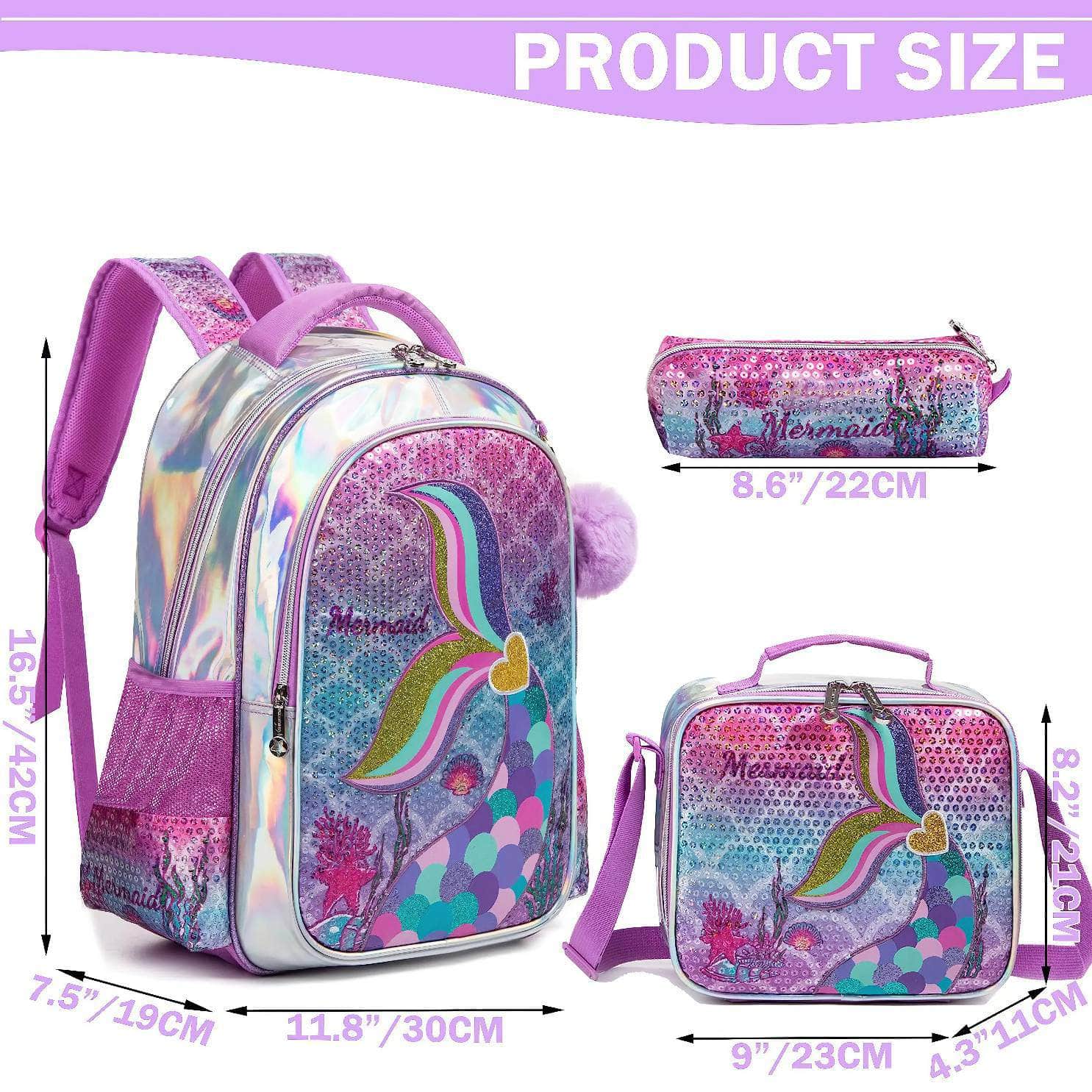 Meetbelify Mermaid Backpack Set for Girls - School Bag with Lunch Box, Ideal for Elementary Students (Ages 5-8)