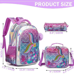 Meetbelify Mermaid Backpack Set for Girls - School Bag with Lunch Box, Ideal for Elementary Students (Ages 5-8)