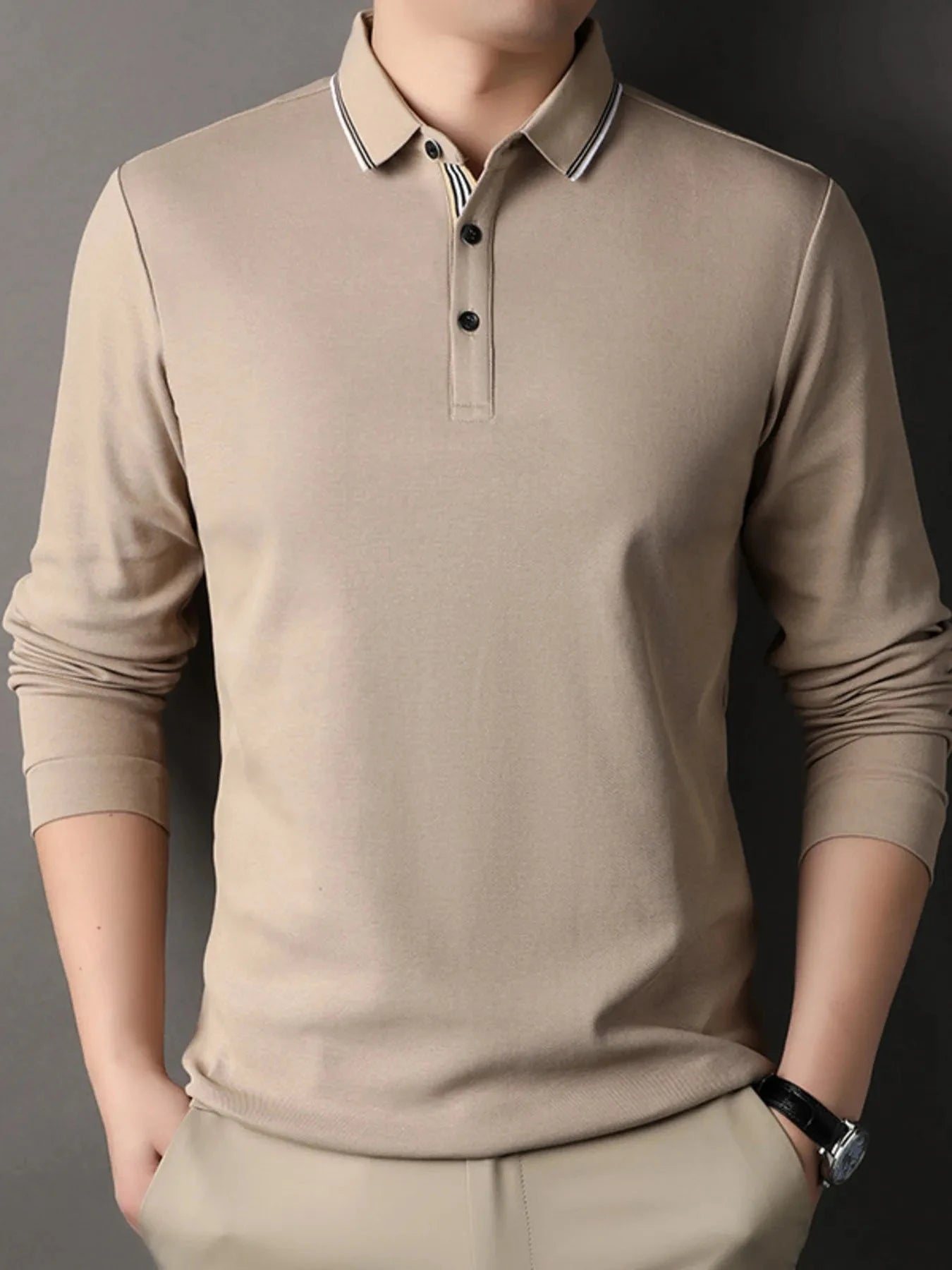 Men's Button Detail Long Sleeve Polo Apricot / 48