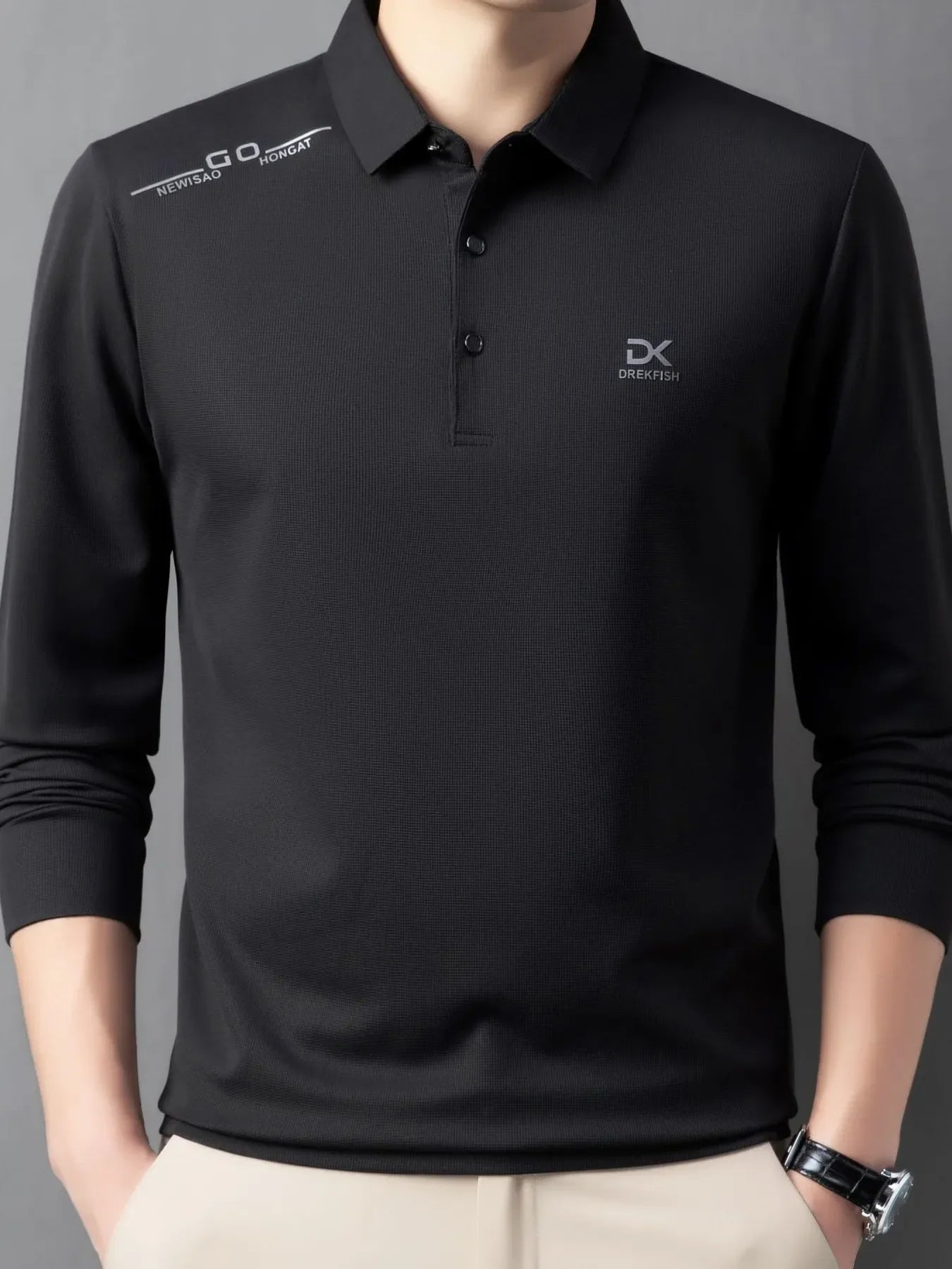 Men's Button Detail Long Sleeve Polo Black / 165
