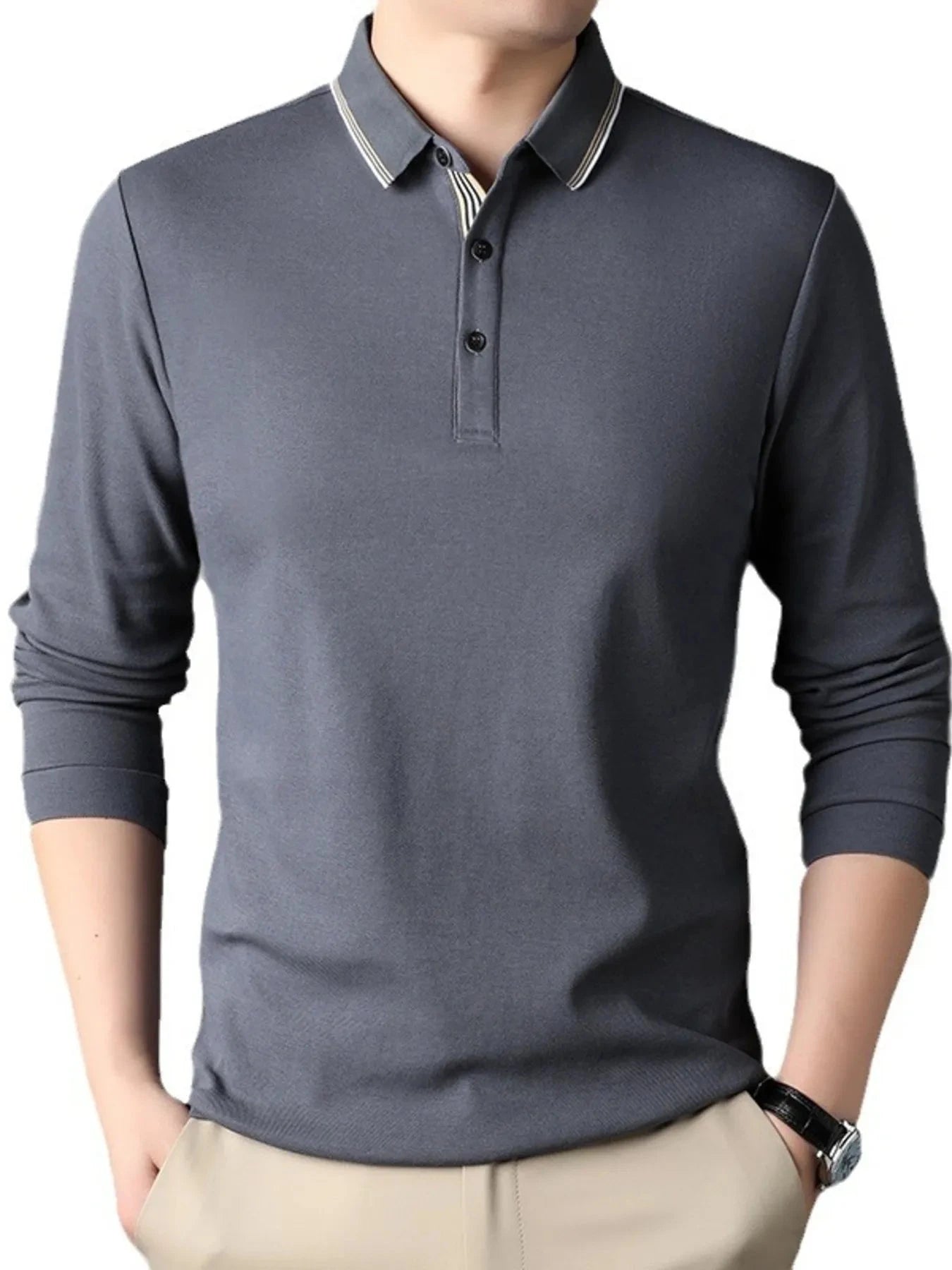 Men's Button Detail Long Sleeve Polo Dark Gray / 48