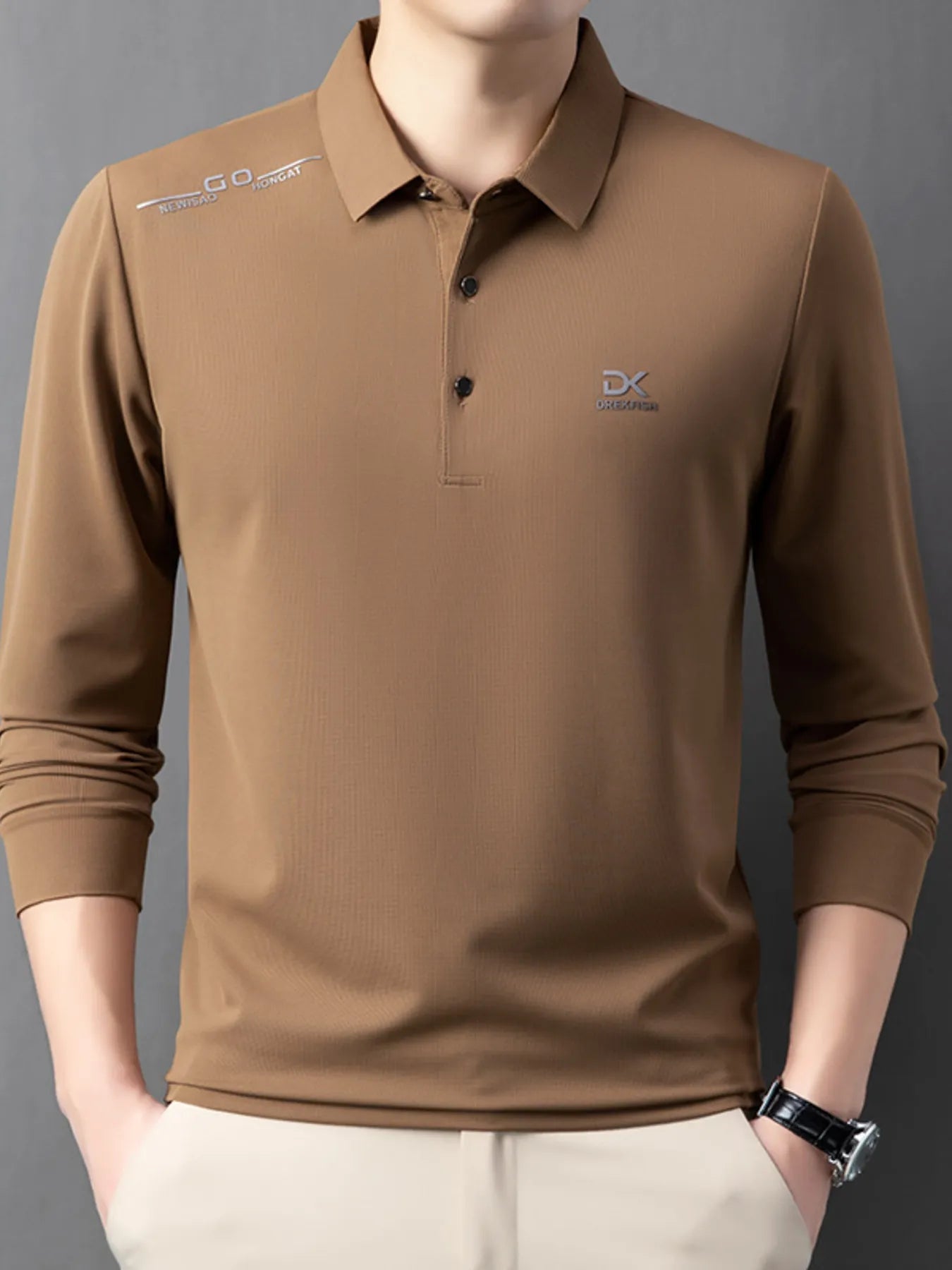 Men's Button Detail Long Sleeve Polo Khaki / 165