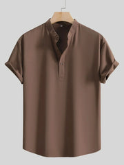 Men's Button Detail Short Sleeve Blouse Coffee Brown / S