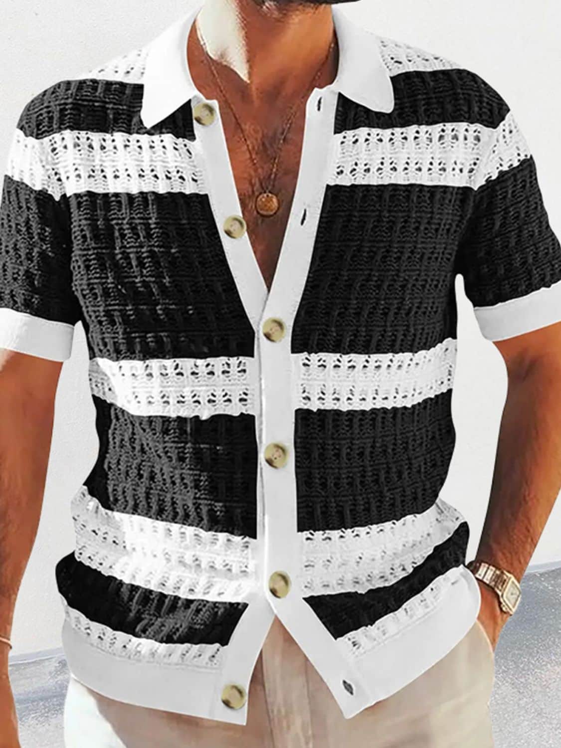 Men's Button Down Collared Neck Contrast Openwork Shirt Black / M
