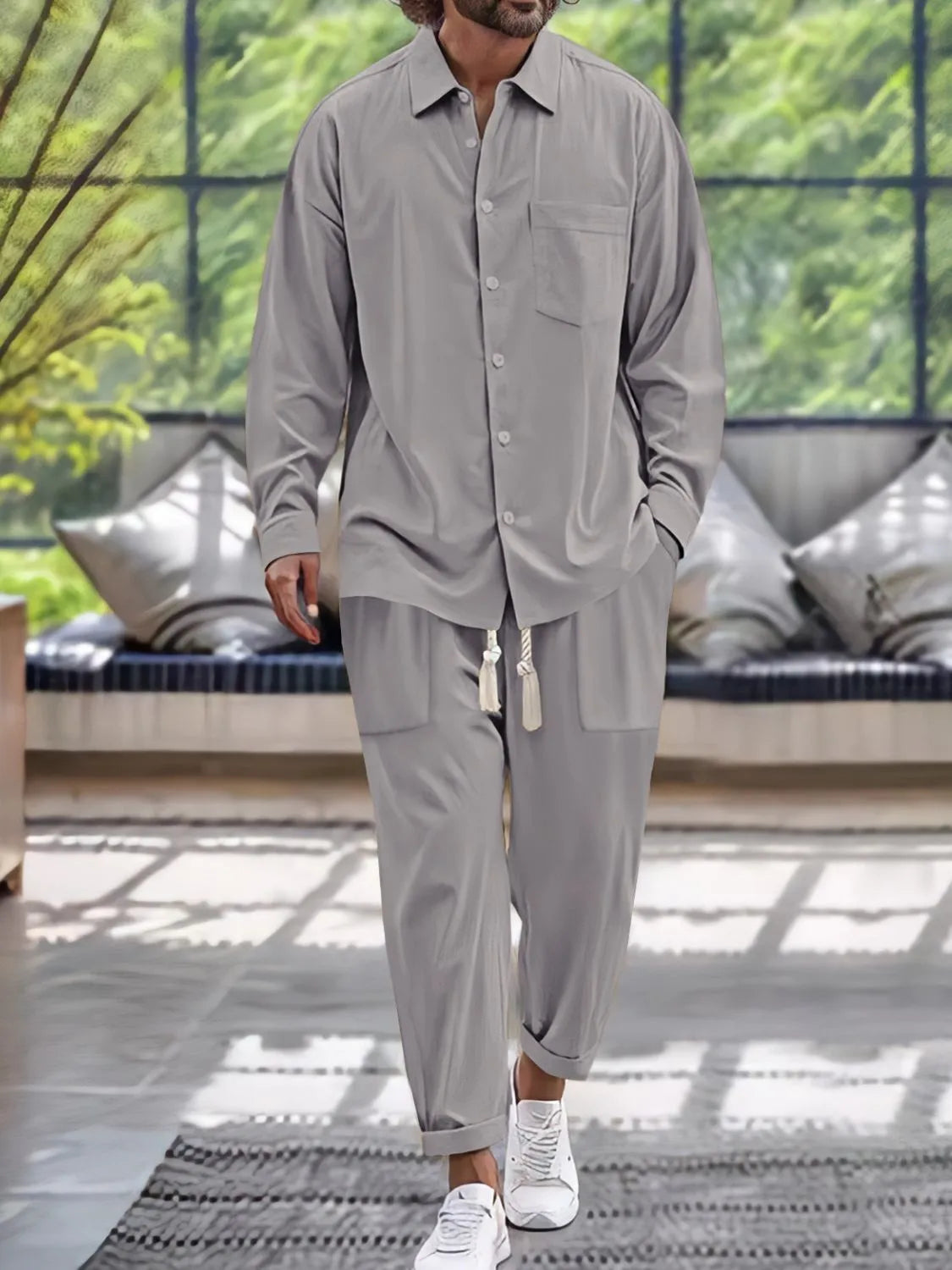 Men's Button Down Long Sleeve Shirt and Pants Set Gray / S