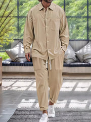 Men's Button Down Long Sleeve Shirt and Pants Set Khaki / S