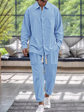 Men's Button Down Long Sleeve Shirt and Pants Set Light Blue / S