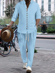 Men's Button Front Long Sleeve Shirt and Pants Set Light Blue / S