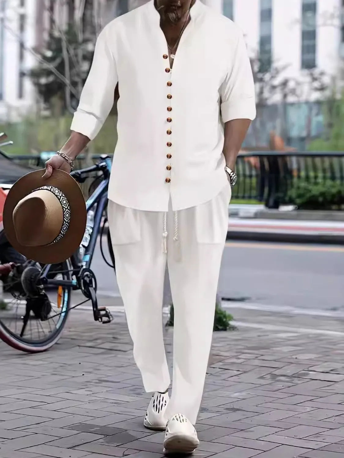 Men's Button Front Long Sleeve Shirt and Pants Set White / S