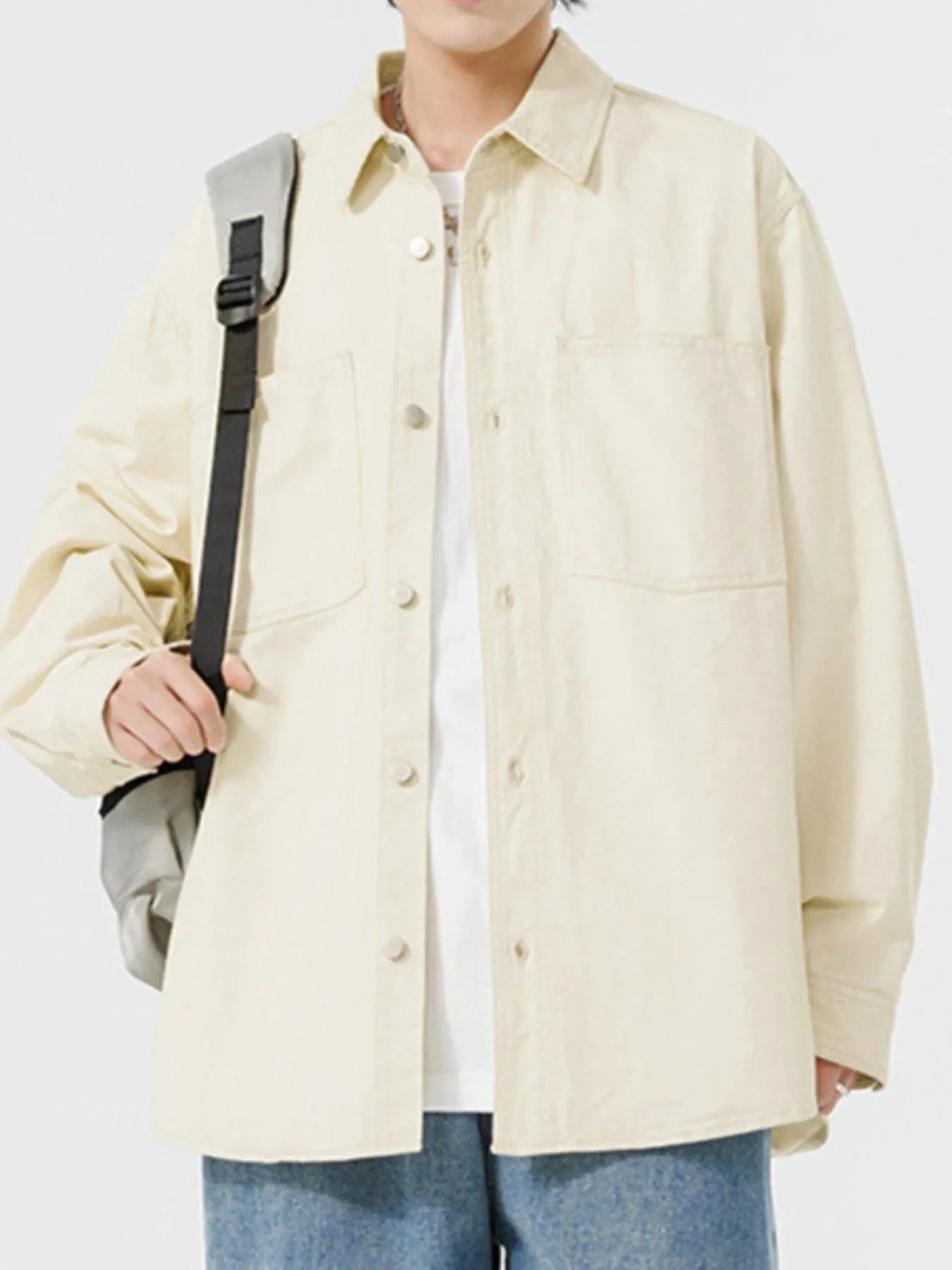 Men's Button Up Long Sleeve Shirt Rice White / M