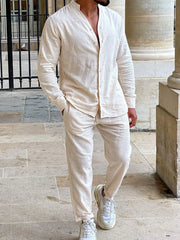 Men's Button Up Long Sleeve Top and Pants Set Beige / S