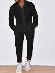 Men's Button Up Long Sleeve Top and Pants Set Black / S