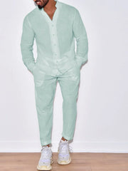 Men's Button Up Long Sleeve Top and Pants Set Gum Leaf / S
