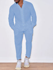 Men's Button Up Long Sleeve Top and Pants Set Light Blue / S