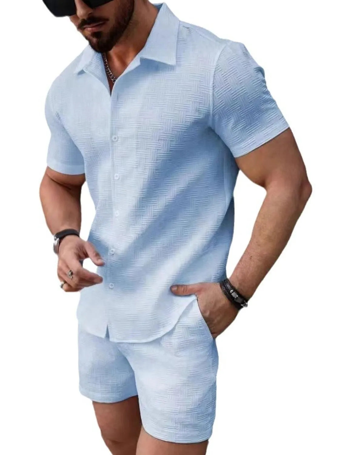 Men's Button Up Short Sleeve Shirt and Shorts Set