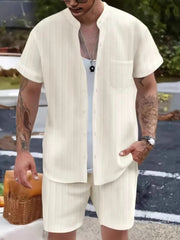 Men's Button Up Short Sleeve Shirt and Shorts Set Beige / S