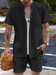 Men's Button Up Short Sleeve Shirt and Shorts Set Black / S