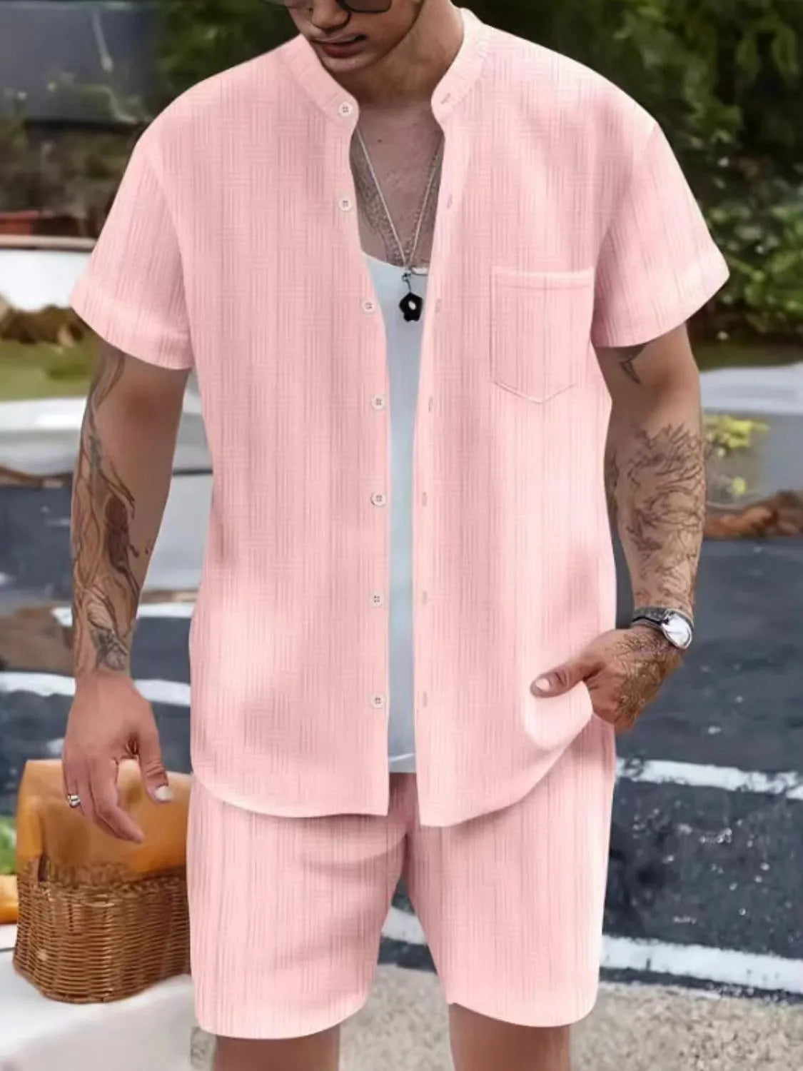 Men's Button Up Short Sleeve Shirt and Shorts Set Dusty Pink / S