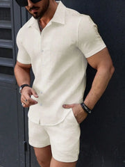 Men's Button Up Short Sleeve Shirt and Shorts Set Ivory / S