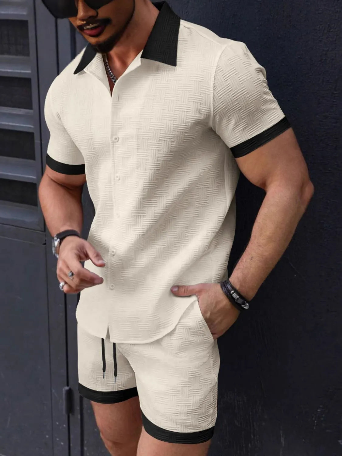 Men's Button Up Short Sleeve Shirt and Shorts Set Tan / S