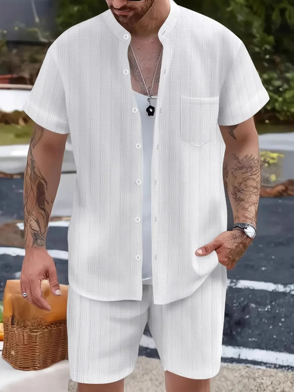 Men's Button Up Short Sleeve Shirt and Shorts Set White / S
