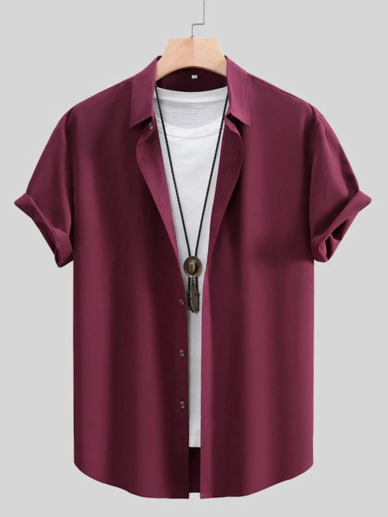 Men's Button Up Short Sleeve Shirt Burgundy / S