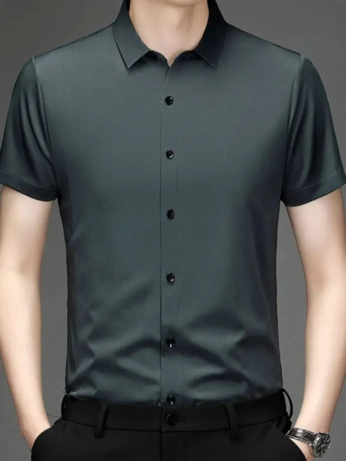 Men's Button Up Short Sleeve Shirt Dark Green / 165