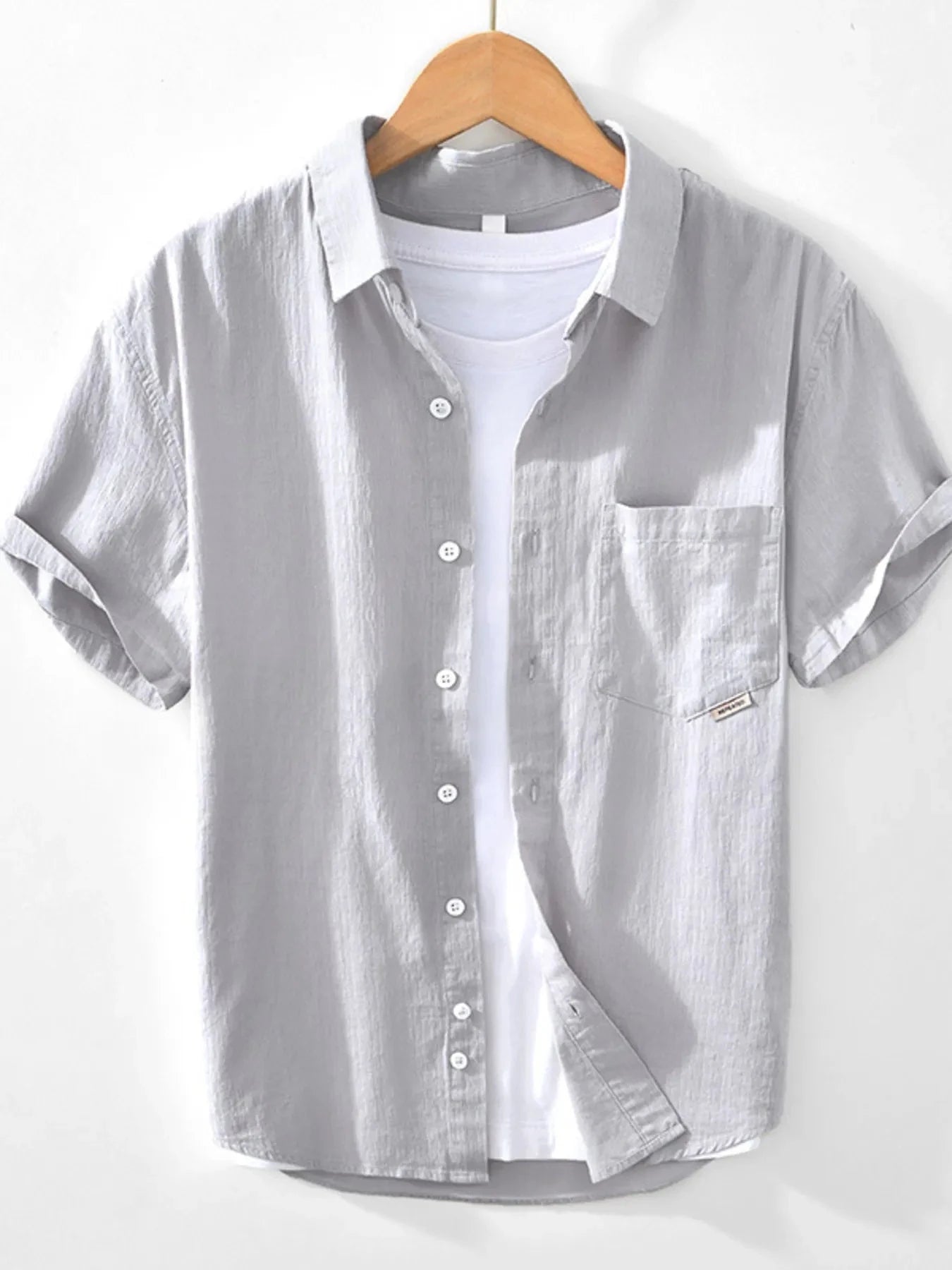 Men's Button Up Short Sleeve Shirt Light Gray / 170/88A