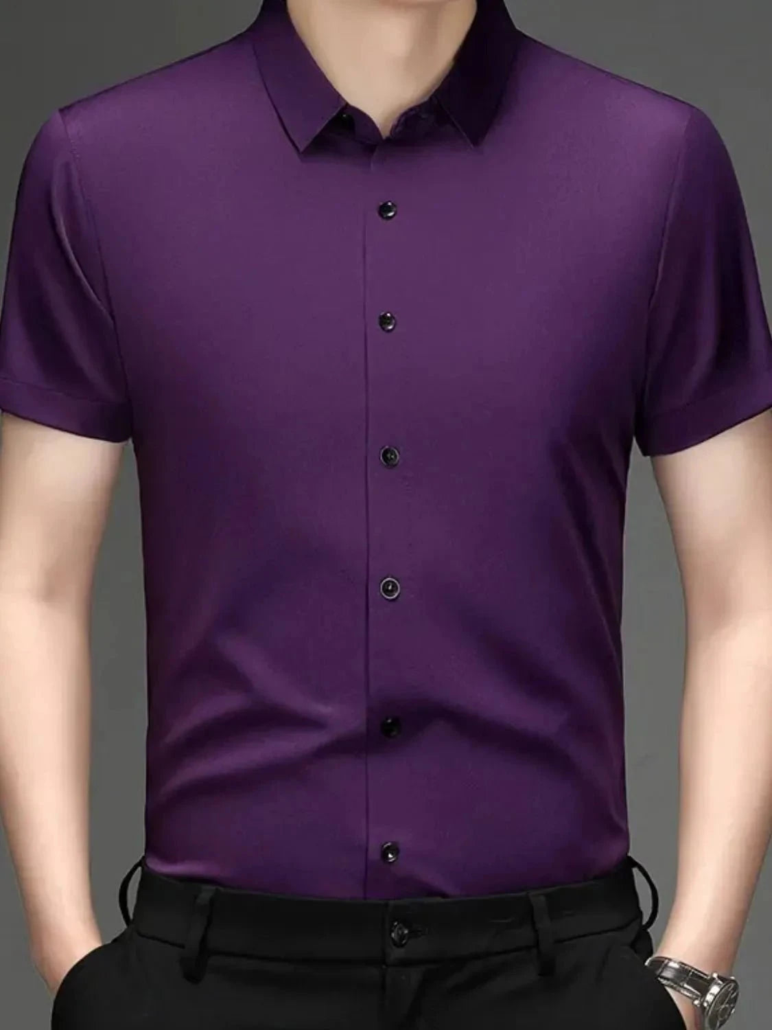 Men's Button Up Short Sleeve Shirt Purple / 165