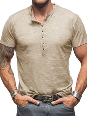 Men's Casual Henley Short Sleeve Button Top Khaki / S
