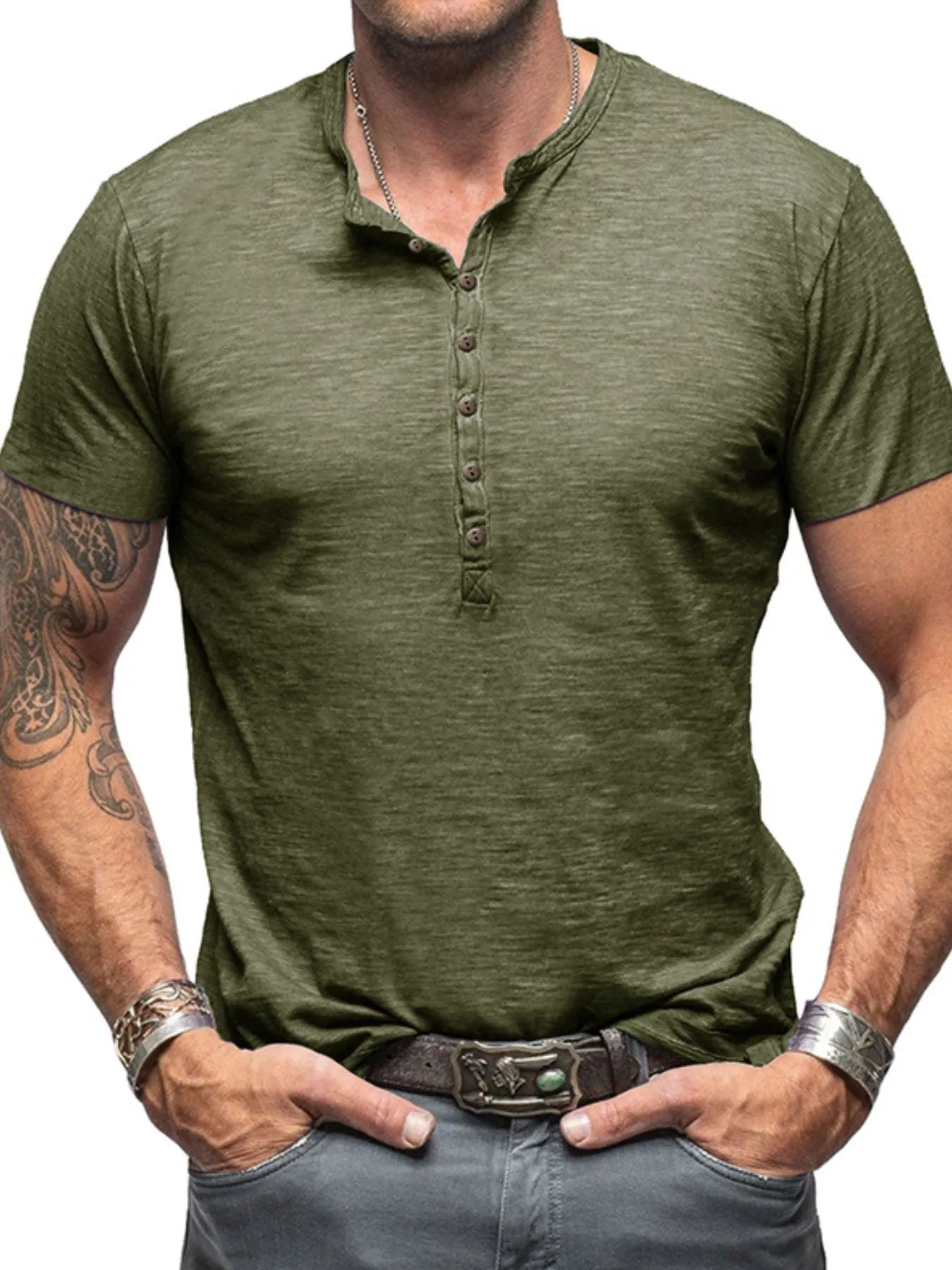 Men's Casual Henley Short Sleeve Button Top Moss / S