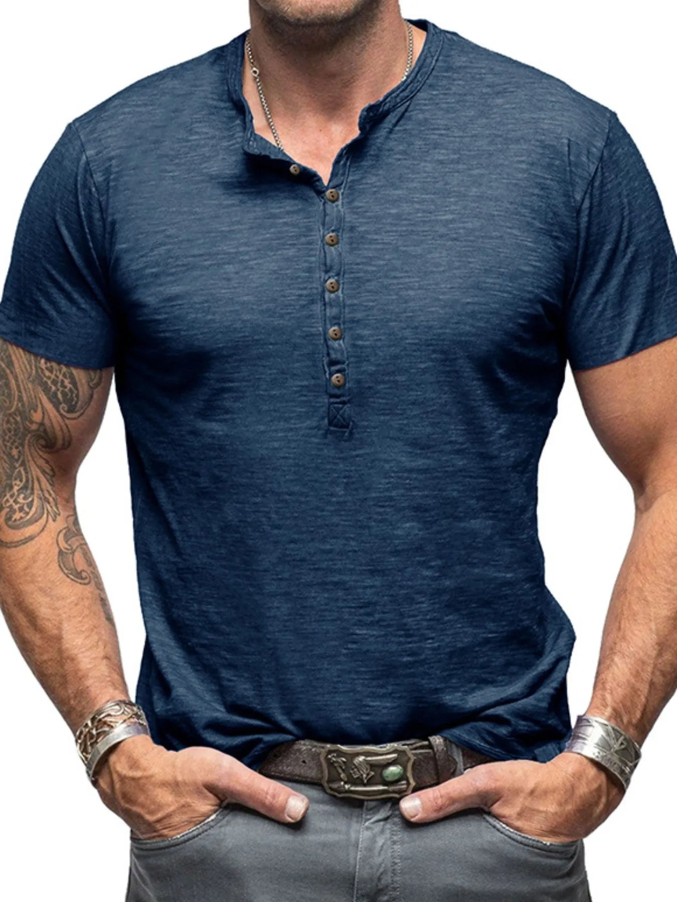 Men's Casual Henley Short Sleeve Button Top Peacock Blue / S
