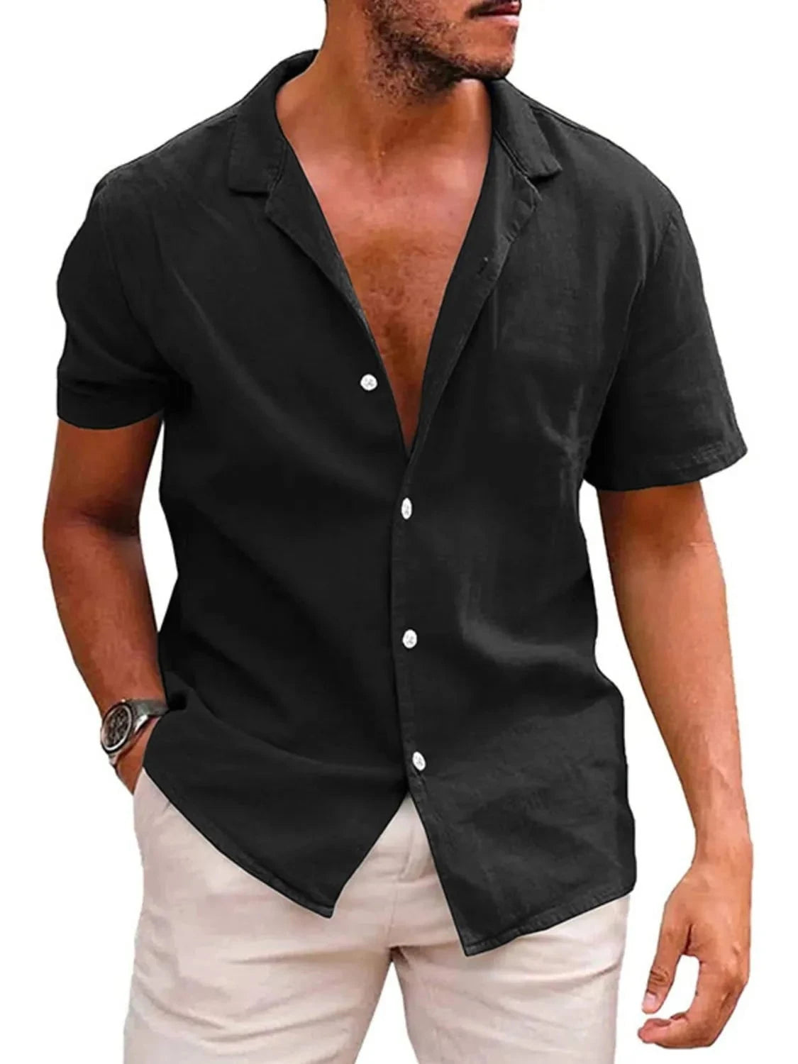 Men's Casual Short Sleeve Button-Up Shirt Black / S