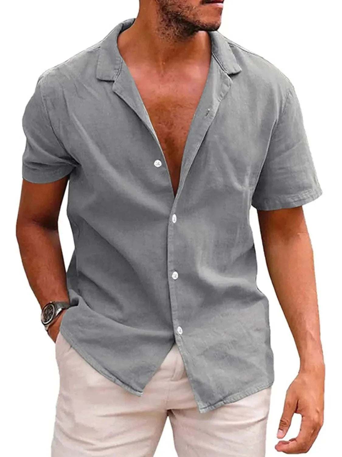 Men's Casual Short Sleeve Button-Up Shirt Grey / S