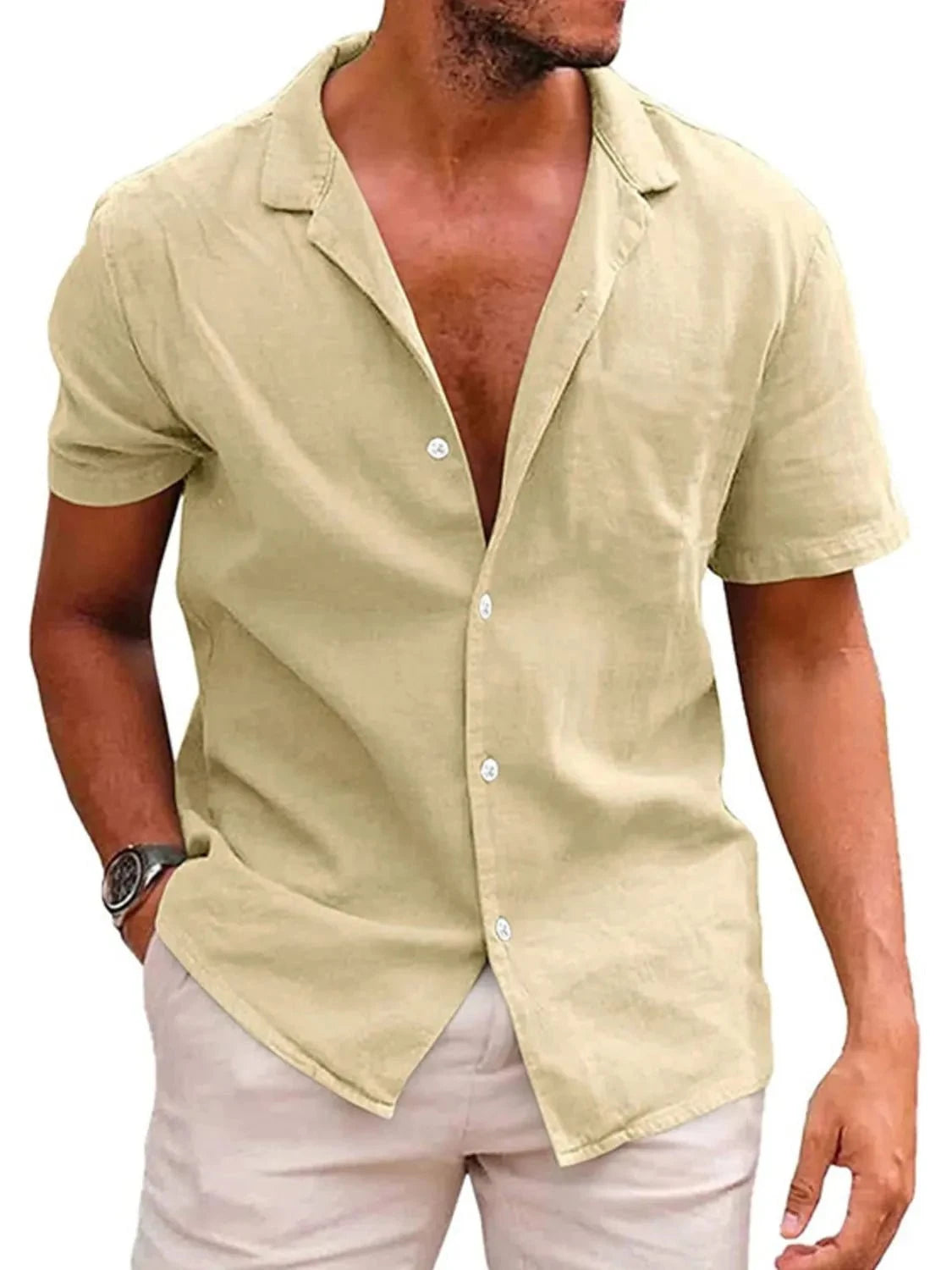 Men's Casual Short Sleeve Button-Up Shirt Khaki / S