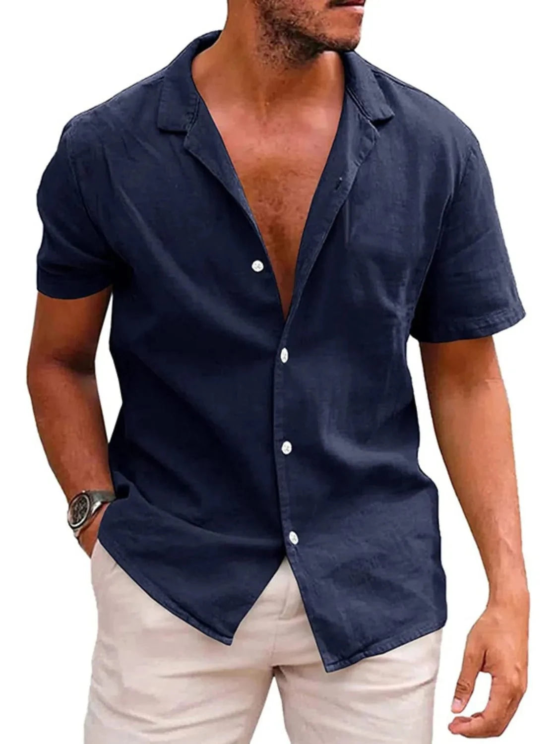 Men's Casual Short Sleeve Button-Up Shirt Navy / S