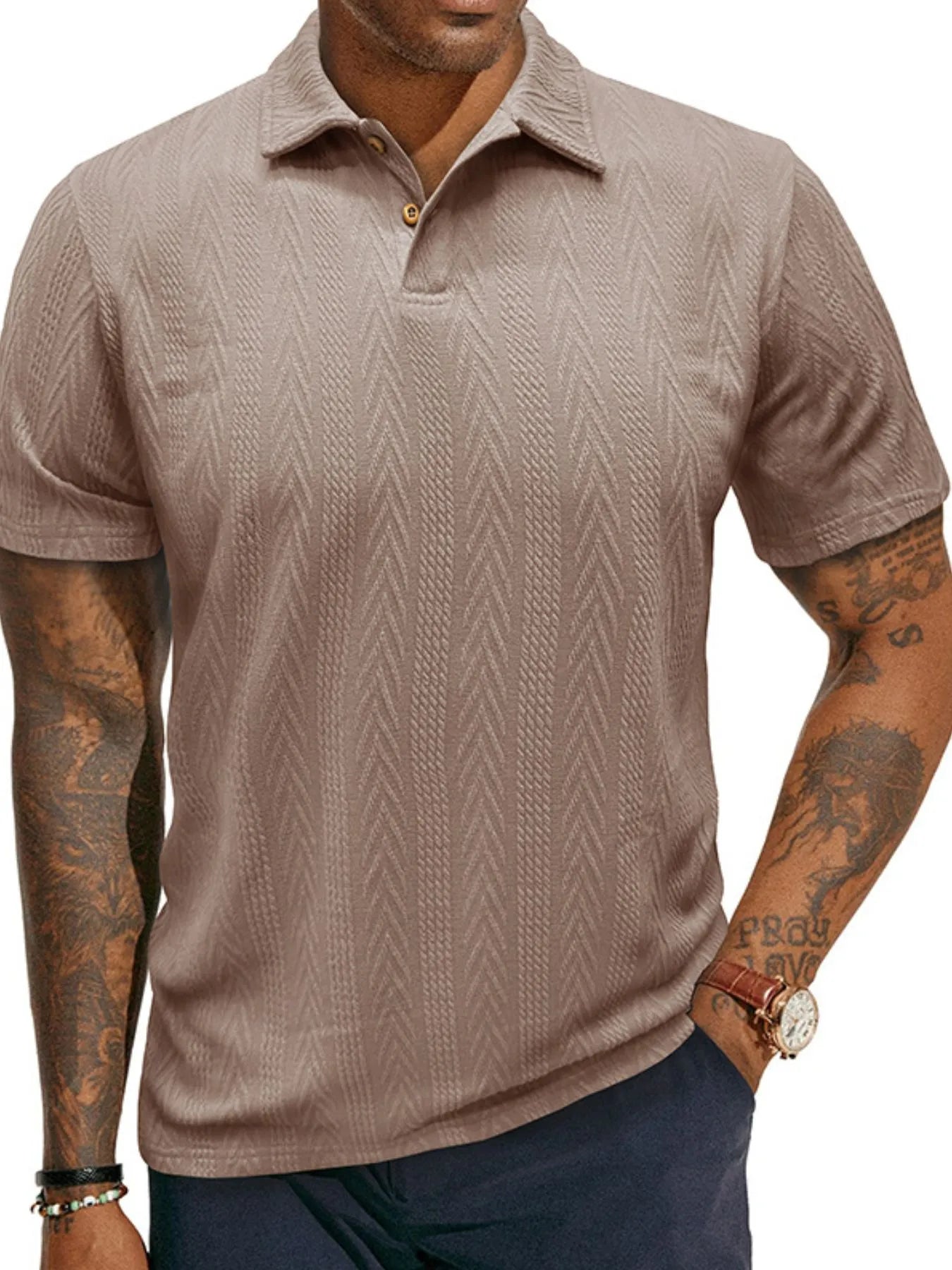 Men's Classic Chevron Textured Polo Shirt Khaki / S
