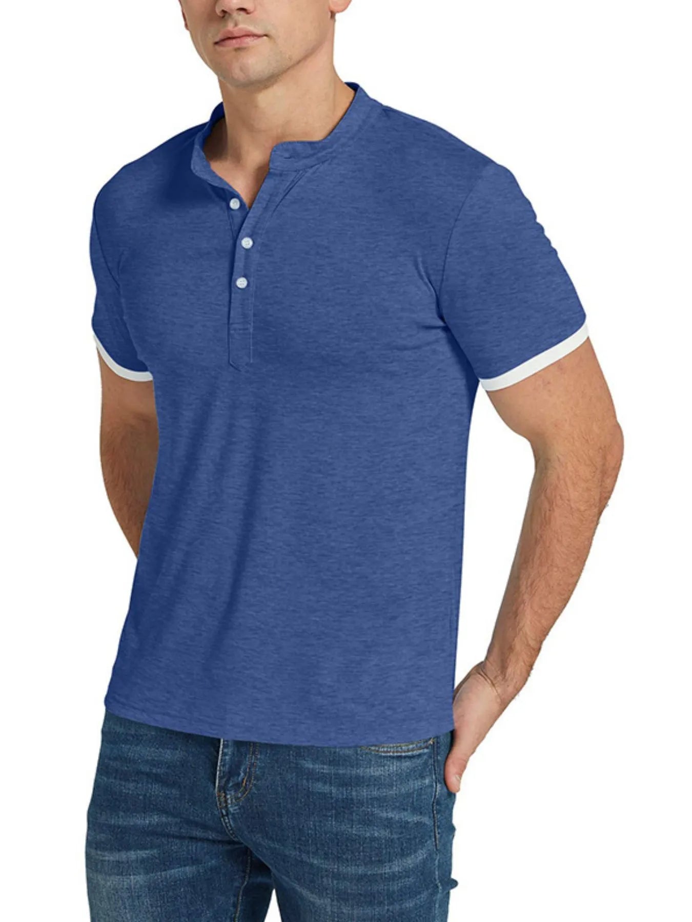 Men's Classic Contrast Trim Henley Top Blue / S