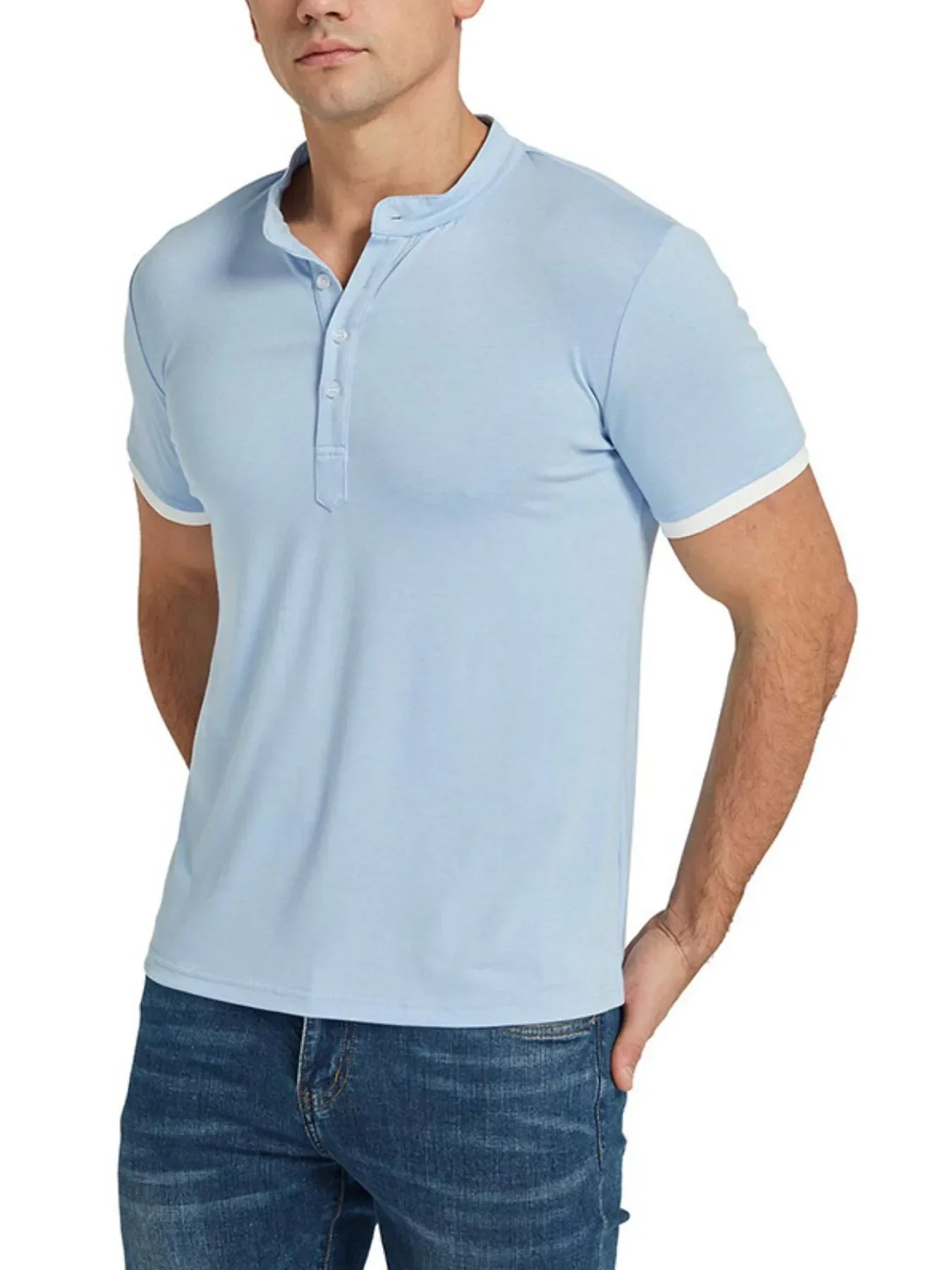 Men's Classic Contrast Trim Henley Top Light Blue / S