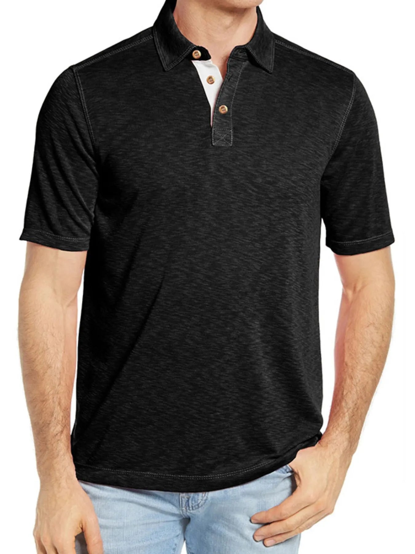 Men's Classic Heathered Polo Shirt with Contrast Buttons Black / S