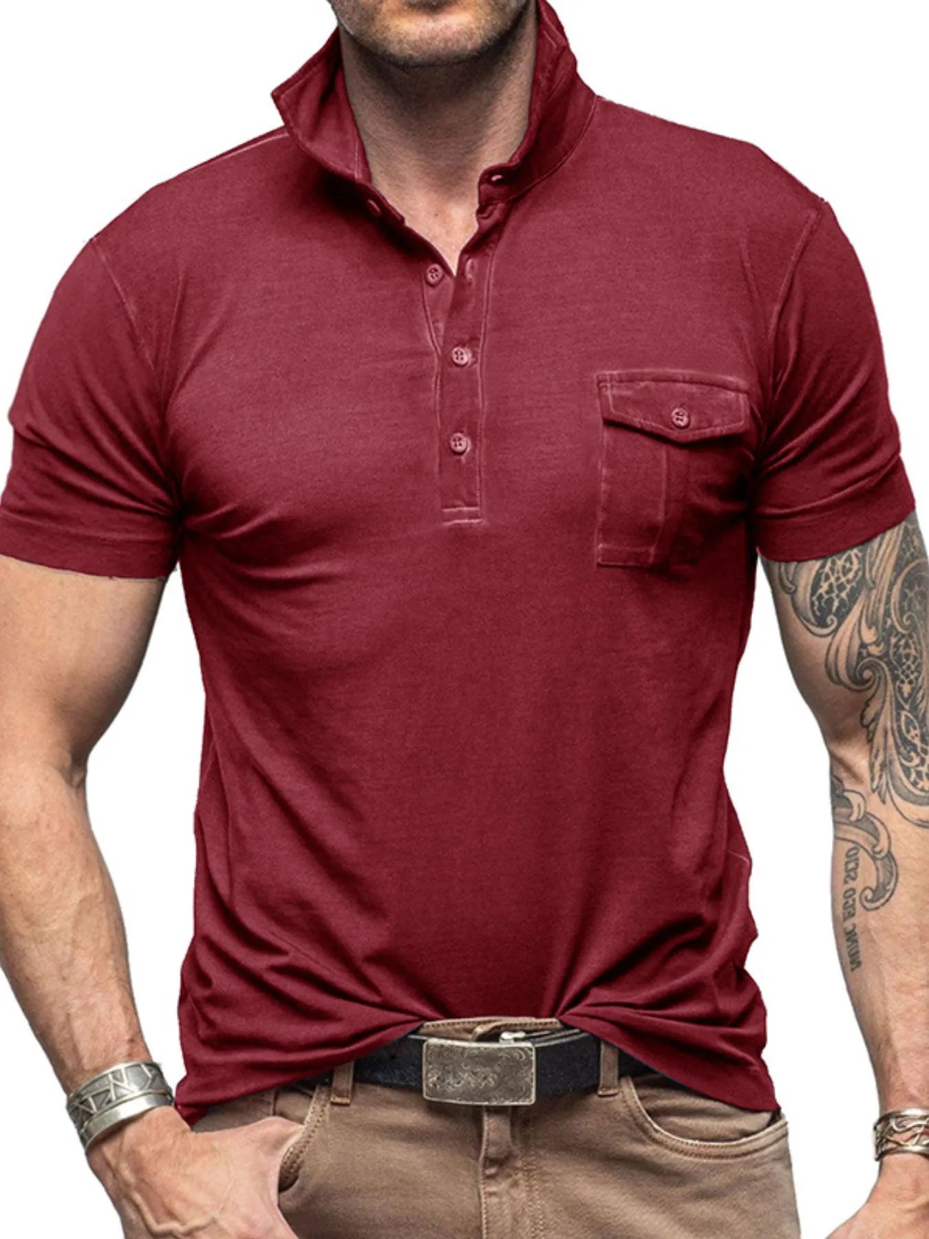 Men's Classic Pocket Polo Shirt with Stand Collar Burgundy / S