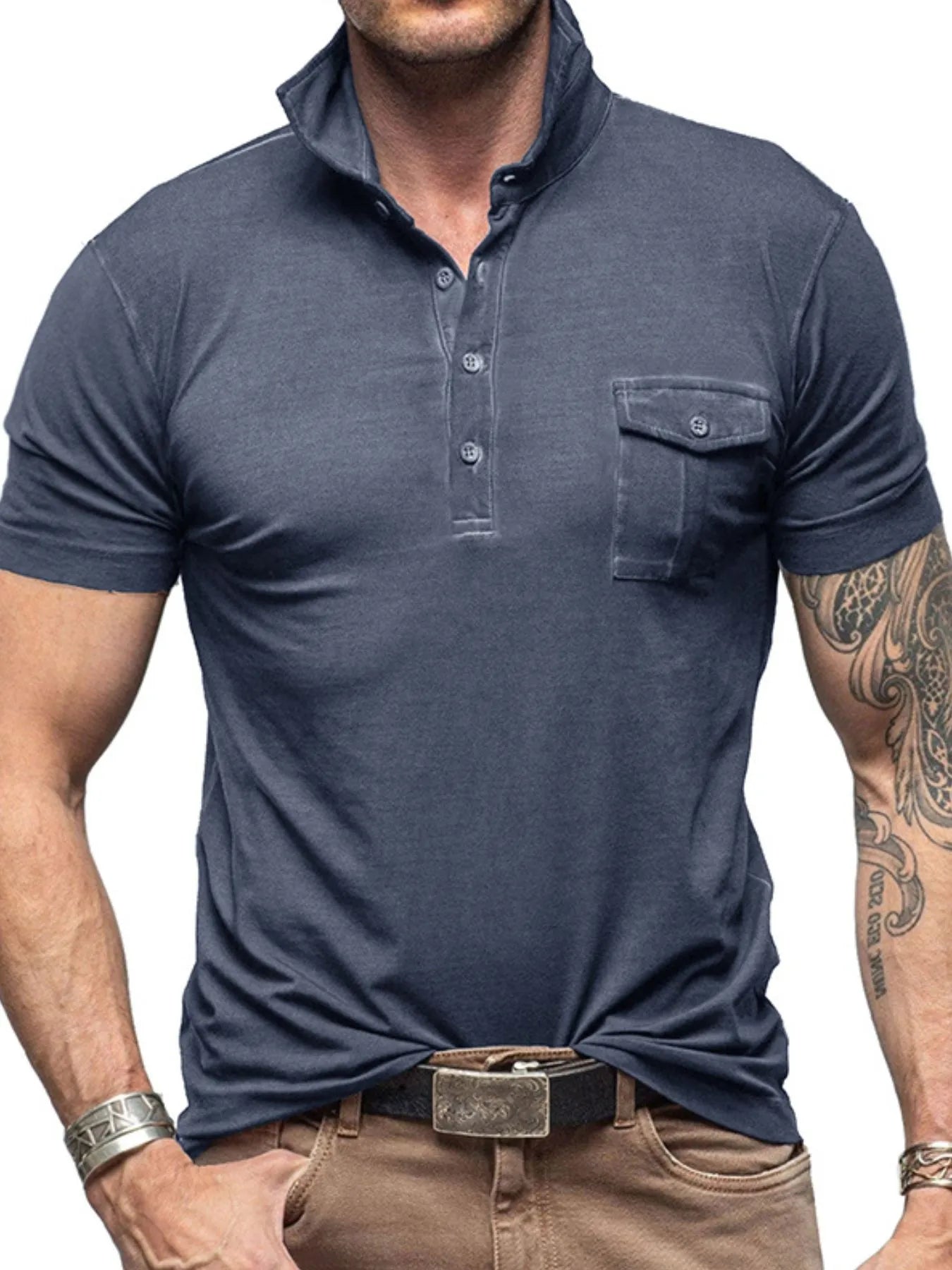 Men's Classic Pocket Polo Shirt with Stand Collar Dusty Blue / S
