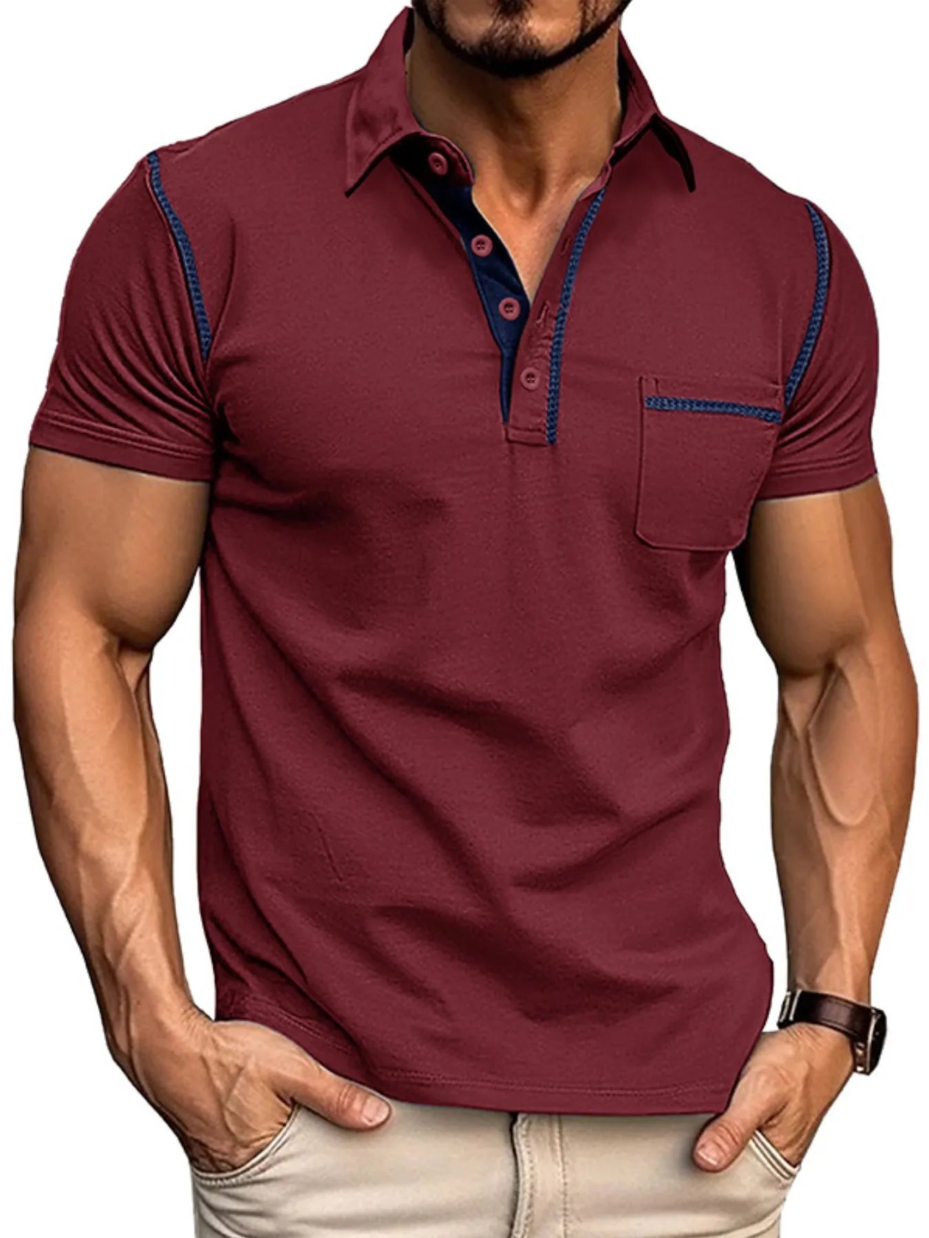 Men's Classic Polo Shirt with Contrast Stitching Burgundy / S