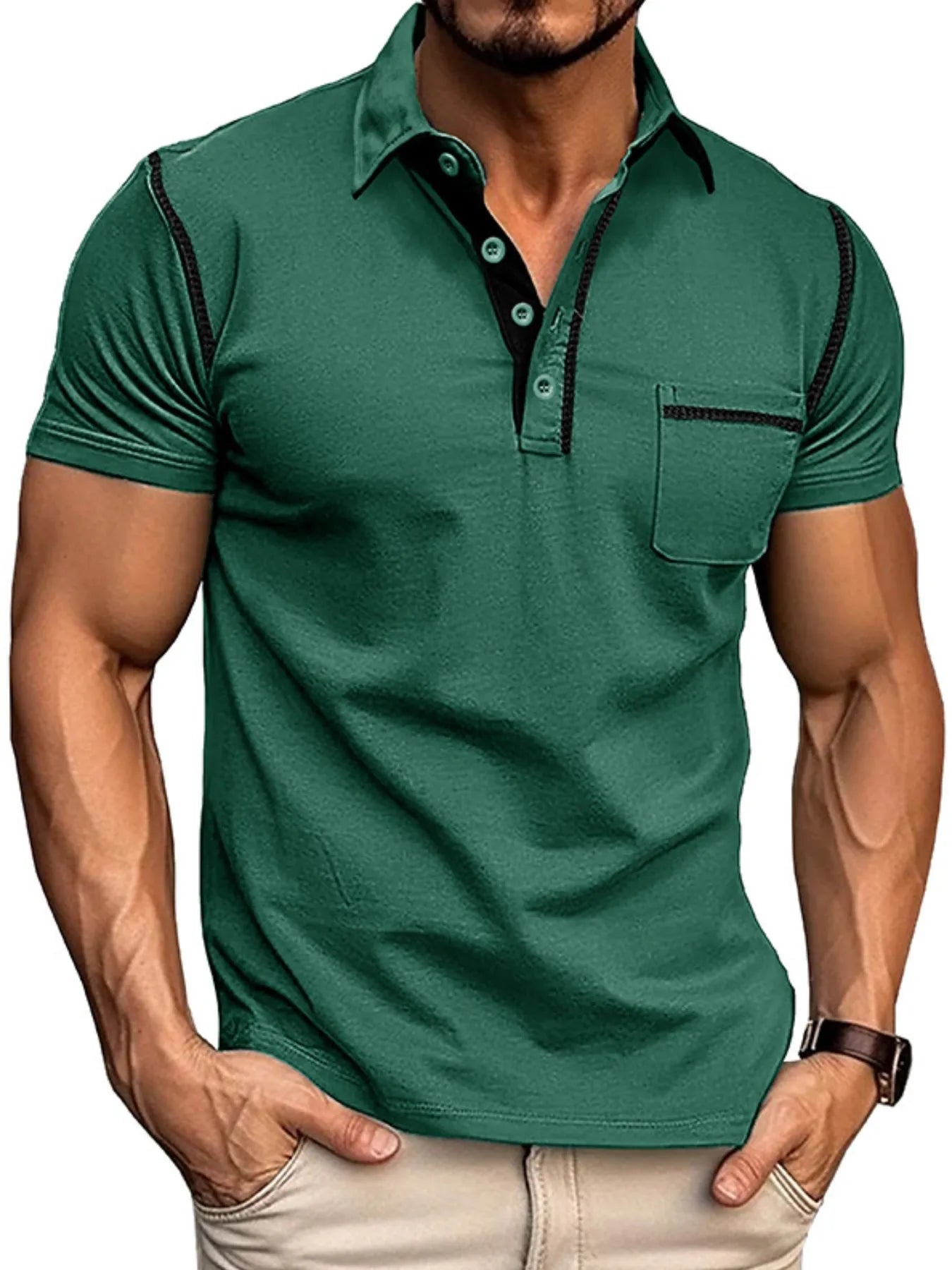 Men's Classic Polo Shirt with Contrast Stitching Dark Green / S