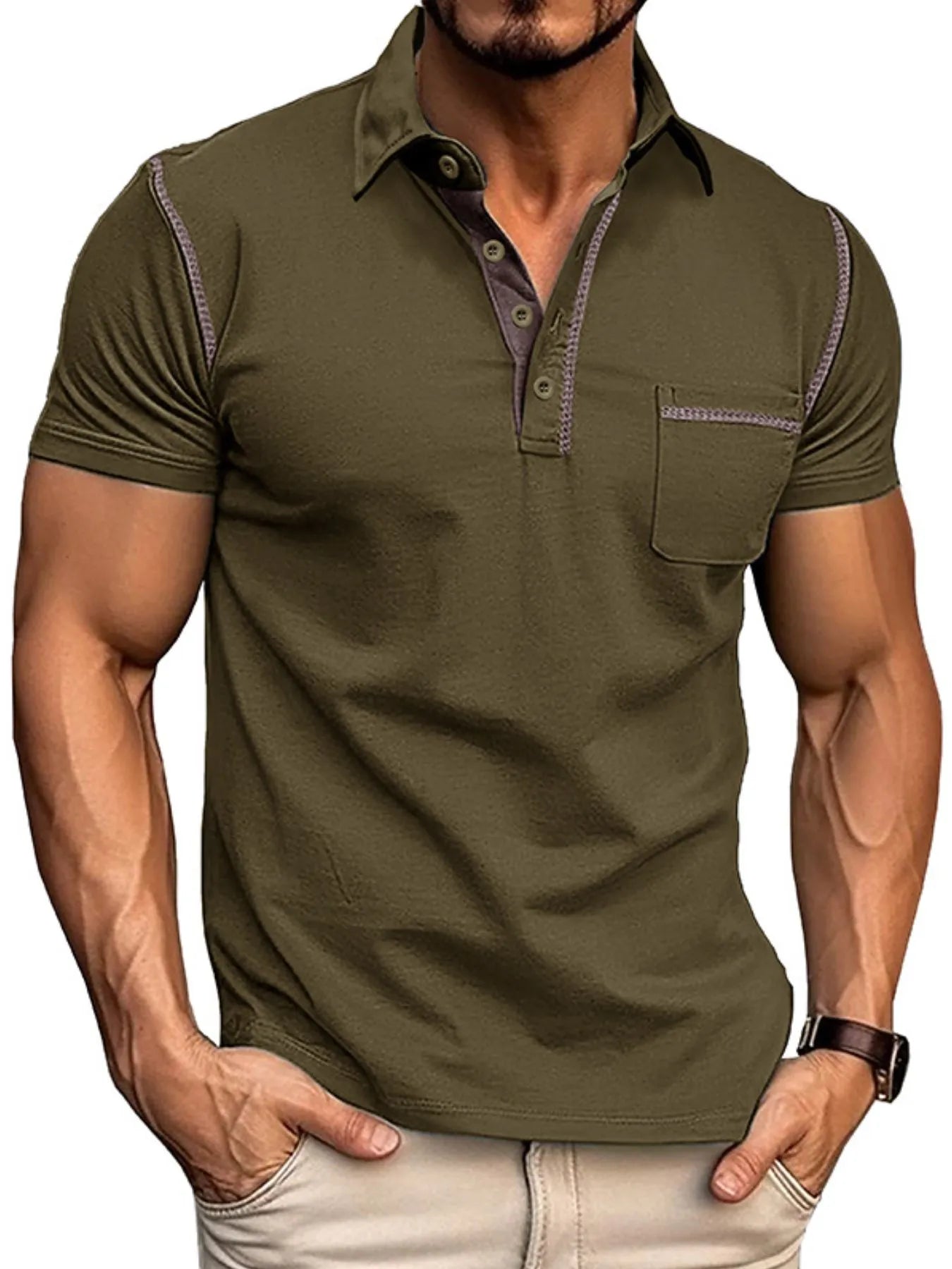 Men's Classic Polo Shirt with Contrast Stitching Olive / S