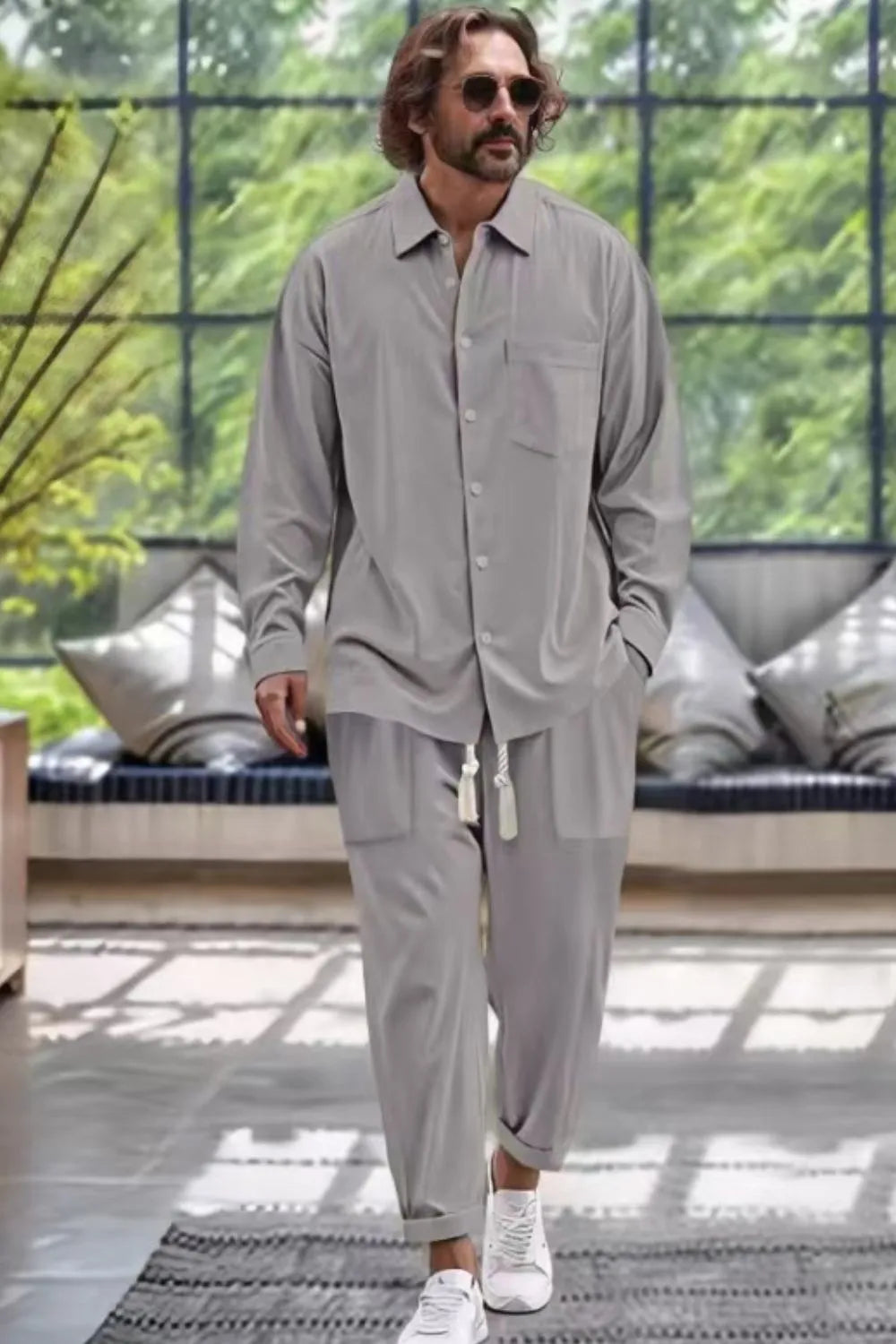 Men's Collared Neck Long Sleeve Top and Pants Set Plus Size Gray / S